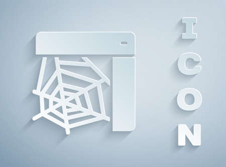 Paper cut Spider web icon isolated on grey background. Cobweb sign. Happy Halloween party. Paper art style. Vectorのイラスト素材