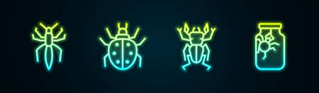 Set line Spider, Mite, Beetle deer and in jar. Glowing neon icon. Vectorのイラスト素材