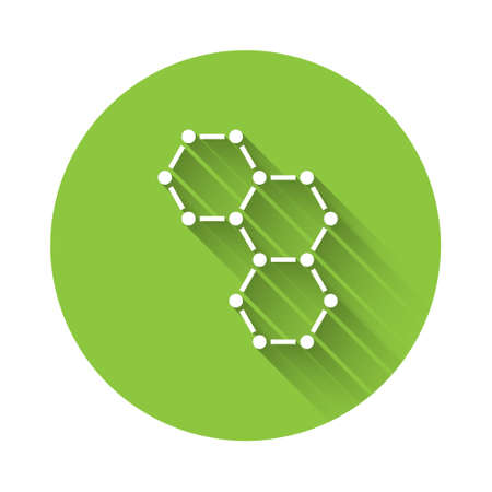 White Chemical formula icon isolated with long shadow. Abstract hexagon for innovation medicine, health, research and science. Green circle button. Vectorのイラスト素材