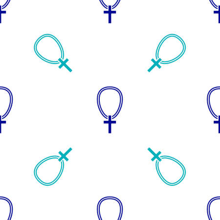 Blue Christian cross on chain icon isolated seamless pattern on white background. Church cross. Vectorのイラスト素材