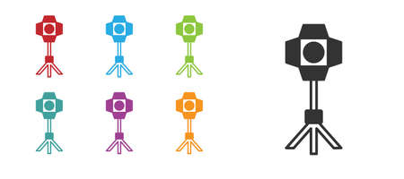 Black Studio light bulb in softbox icon isolated on white background. Shadow reflection design. Set icons colorful. Vectorのイラスト素材