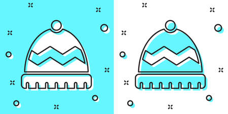 Black line Winter hat icon isolated on blue and white background. Random dynamic shapes. Vectorのイラスト素材