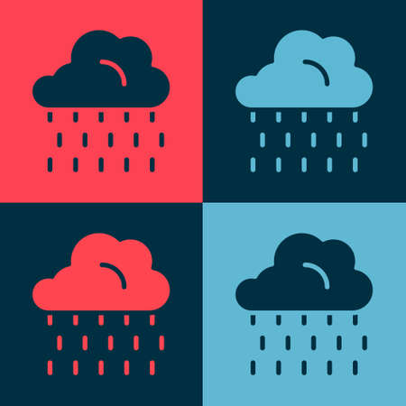Pop art Cloud with rain icon isolated on color background. Rain cloud precipitation with rain drops. Vectorのイラスト素材
