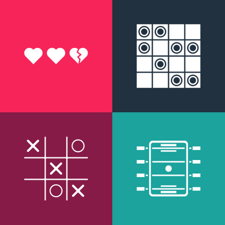 Set pop art Hockey table, Tic tac toe game, Board of checkers and Hearts for icon. Vectorのイラスト素材