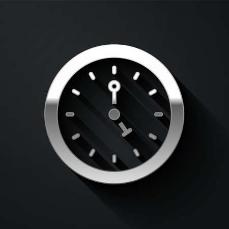 Silver Clock icon isolated on black background. Time symbol. Long shadow style. Vector
