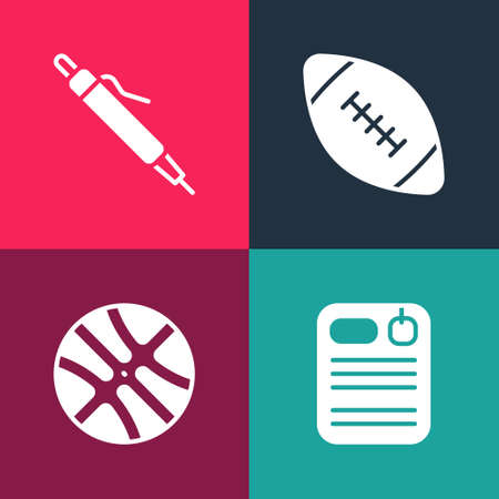 Set pop art Dossier folder, Basketball ball, American football and Pen icon. Vectorのイラスト素材