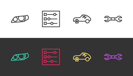 Set line Car headlight, settings, Broken car and Wrench spanner on black and white. Vectorのイラスト素材