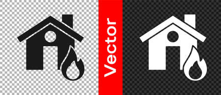 Black Fire in burning house icon isolated on transparent background. Vectorのイラスト素材