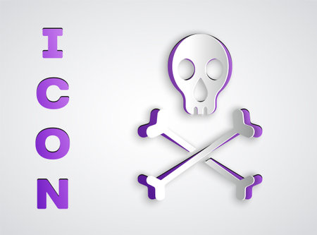 Paper cut Skull on crossbones icon isolated on grey background. Happy Halloween party. Paper art style. Vectorのイラスト素材
