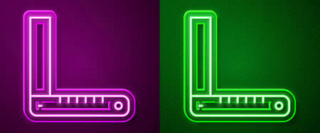 Glowing neon line Corner ruler icon isolated on purple and green background. Setsquare, angle ruler, carpentry, measuring utensil, scale. Vectorのイラスト素材