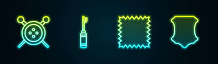 Set line Sewing button and knitting needles, Awl tool, Leather and . Glowing neon icon. Vectorのイラスト素材