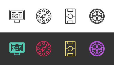 Set line Sport mechanical scoreboard, Twister game, Hockey table and Casino roulette wheel on black and white. Vectorのイラスト素材