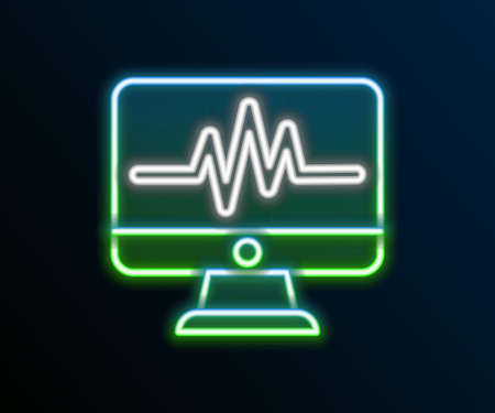 Glowing neon line Computer monitor with cardiogram icon isolated on black background. Monitoring icon. ECG monitor with heart beat hand drawn. Colorful outline concept. Vectorのイラスト素材