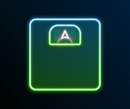 Glowing neon line Bathroom scales icon isolated on black background. Weight measure Equipment. Weight Scale fitness sport concept. Colorful outline concept. Vectorのイラスト素材