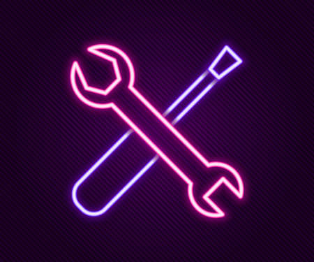 Glowing neon line Screwdriver and wrench spanner tools icon isolated on black background. Service tool symbol. Colorful outline concept. Vectorのイラスト素材