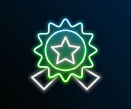 Glowing neon line Medal with star icon isolated on black background. Winner achievement sign. Award medal. Colorful outline concept. Vectorのイラスト素材