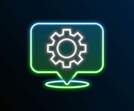 Glowing neon line Location with gear icon isolated on black background. Colorful outline concept. Vectorのイラスト素材