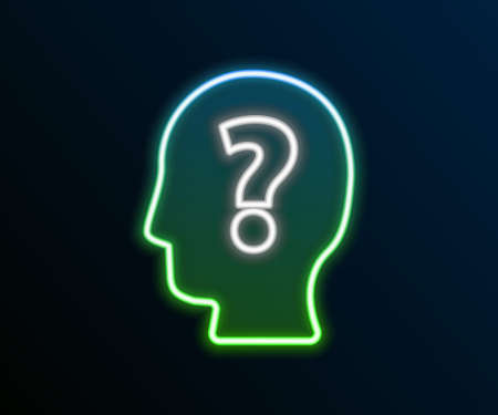 Glowing neon line Human head with question mark icon isolated on black background. Colorful outline concept. Vectorのイラスト素材