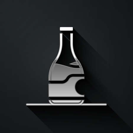 Silver Bottle of wine icon isolated on black background. Long shadow style. Vectorのイラスト素材