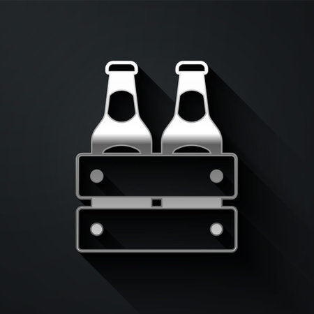 Silver Pack of beer bottles icon isolated on black background. Wooden box and beer bottles. Case crate beer box sign. Long shadow style. Vectorのイラスト素材