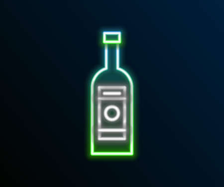 Glowing neon line Glass bottle of vodka icon isolated on black background. Colorful outline concept. Vectorのイラスト素材