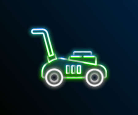 Glowing neon line Lawn mower icon isolated on black background. Lawn mower cutting grass. Colorful outline concept. Vectorのイラスト素材