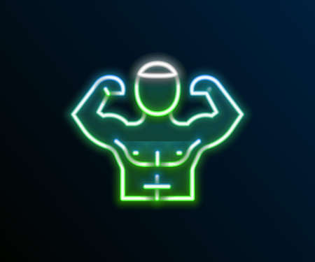 Glowing neon line Bodybuilder showing his muscles icon isolated on black background. Fit fitness strength health hobby concept. Colorful outline concept. Vectorのイラスト素材