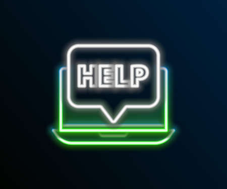 Glowing neon line Laptop and help icon isolated on black background. Adjusting, service, setting, maintenance, repair, fixing. Colorful outline concept. Vectorのイラスト素材