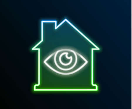 Glowing neon line House with eye scan icon isolated on black background. Scanning eye. Security check symbol. Cyber eye sign. Colorful outline concept. Vectorのイラスト素材