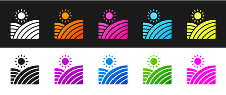 Set Vineyard wine grapes hills farm icon isolated on black and white background. Vine plantation hills landscape. Vectorのイラスト素材