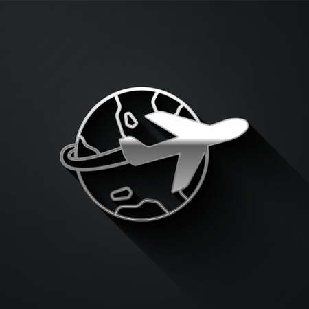 Silver Globe with flying plane icon isolated on black background. Airplane fly around the planet earth. Aircraft world icon. Long shadow style. Vectorのイラスト素材