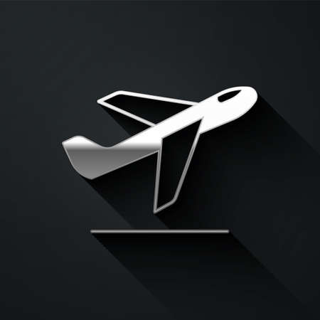 Silver Plane takeoff icon isolated on black background. Airplane transport symbol. Long shadow style. Vectorのイラスト素材
