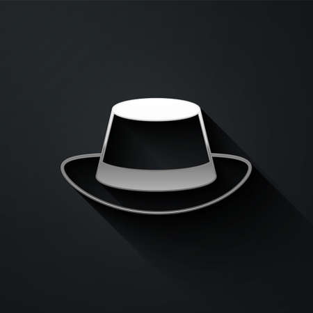 Silver Oktoberfest hat icon isolated on black background. Hunter hat with feather. German hat. Long shadow style. Vectorのイラスト素材