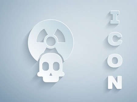 Paper cut Radioactive icon isolated on grey background. Radioactive toxic symbol. Radiation hazard sign. Paper art style. Vectorのイラスト素材