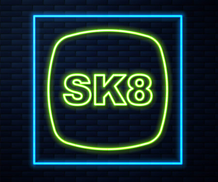 Glowing neon line Skateboard icon isolated on brick wall background. Extreme sport. Sport equipment. Vectorのイラスト素材