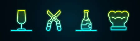 Set line Wine glass, Gardening scissors, Bottle of wine and Chef hat. Glowing neon icon. Vectorのイラスト素材