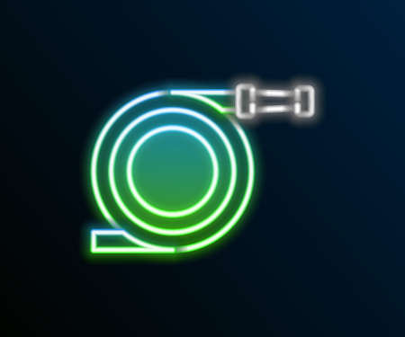 Glowing neon line Garden hose or fire hose icon isolated on black background. Spray gun icon....