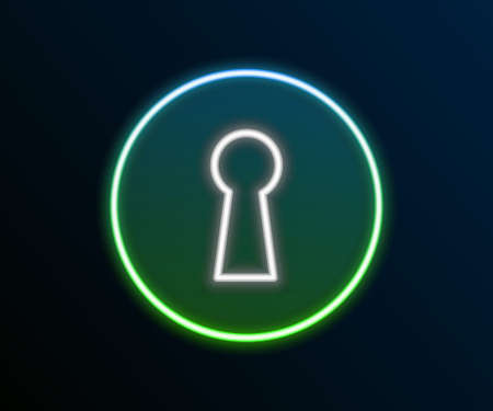 Glowing neon line Keyhole icon isolated on black background. Key of success solution. Keyhole express the concept of riddle, secret, security. Colorful outline concept. Vectorのイラスト素材