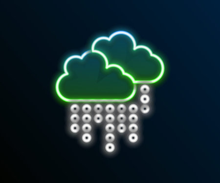 Glowing neon line Cloud with rain icon isolated on black background. Rain cloud precipitation with rain drops. Colorful outline concept. Vectorのイラスト素材
