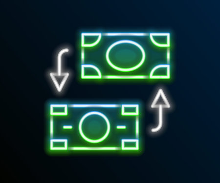 Glowing neon line Money exchange icon isolated on black background. Cash transfer symbol. Banking currency sign. Colorful outline concept. Vectorのイラスト素材