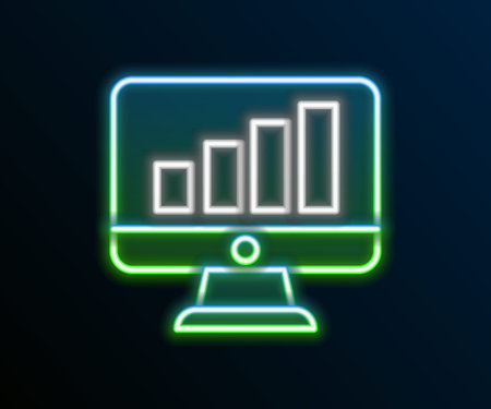 Glowing neon line Computer monitor with graph chart icon isolated on black background. Report text file. Accounting sign. Audit, analysis, planning. Colorful outline concept. Vectorのイラスト素材