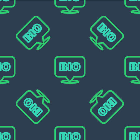 Line Bio green healthy food icon isolated seamless pattern on blue background. Organic product. Healthy food sticker. Vectorのイラスト素材