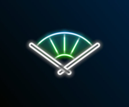 Glowing neon line Traditional paper chinese or japanese folding fan icon isolated on black background. Colorful outline concept. Vectorのイラスト素材