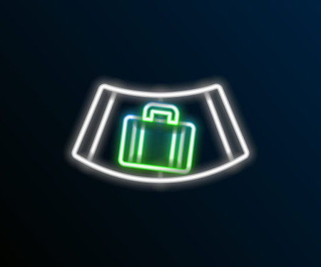 Glowing neon line Airport conveyor belt with passenger luggage, suitcase, bag, baggage icon isolated on black background. Colorful outline concept. Vectorのイラスト素材