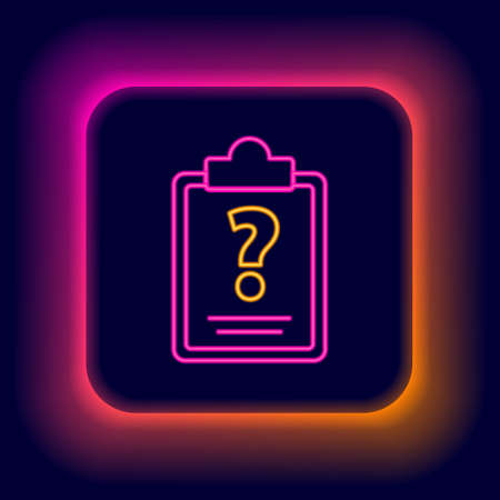 Glowing neon line Clipboard with question marks icon isolated on black background. Survey, quiz, investigation, customer support questions concepts. Colorful outline concept. Vectorのイラスト素材