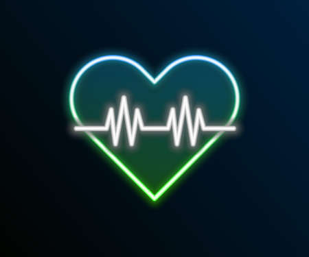 Glowing neon line Heart rate icon isolated on black background. Heartbeat sign. Heart pulse icon. Cardiogram icon. Colorful outline concept. Vectorのイラスト素材