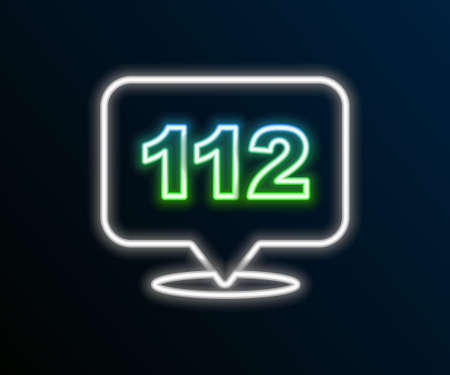 Glowing neon line Telephone with emergency call 112 icon isolated on black background. Police, ambulance, fire department, call, phone. Colorful outline concept. Vectorのイラスト素材