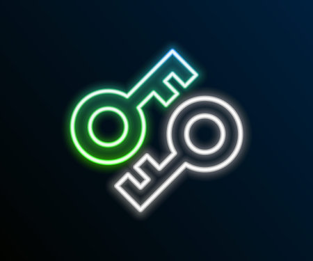 Glowing neon line Cryptocurrency key icon isolated on black background. Concept of cyber security or private key, digital key with technology interface. Colorful outline concept. Vectorのイラスト素材