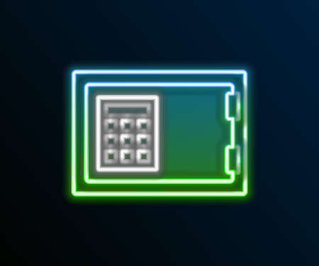 Glowing neon line Safe icon isolated on black background. The door safe a bank vault with a combination lock. Reliable Data Protection. Colorful outline concept. Vectorのイラスト素材