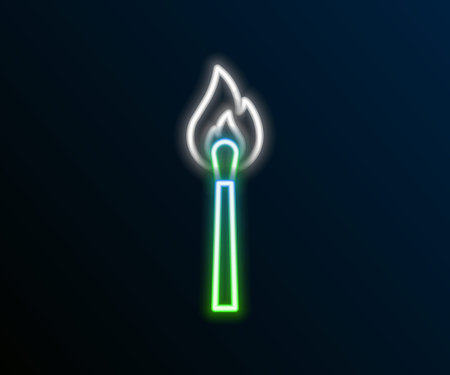 Glowing neon line Burning match with fire icon isolated on black background. Match with fire. Matches sign. Colorful outline concept. Vectorのイラスト素材